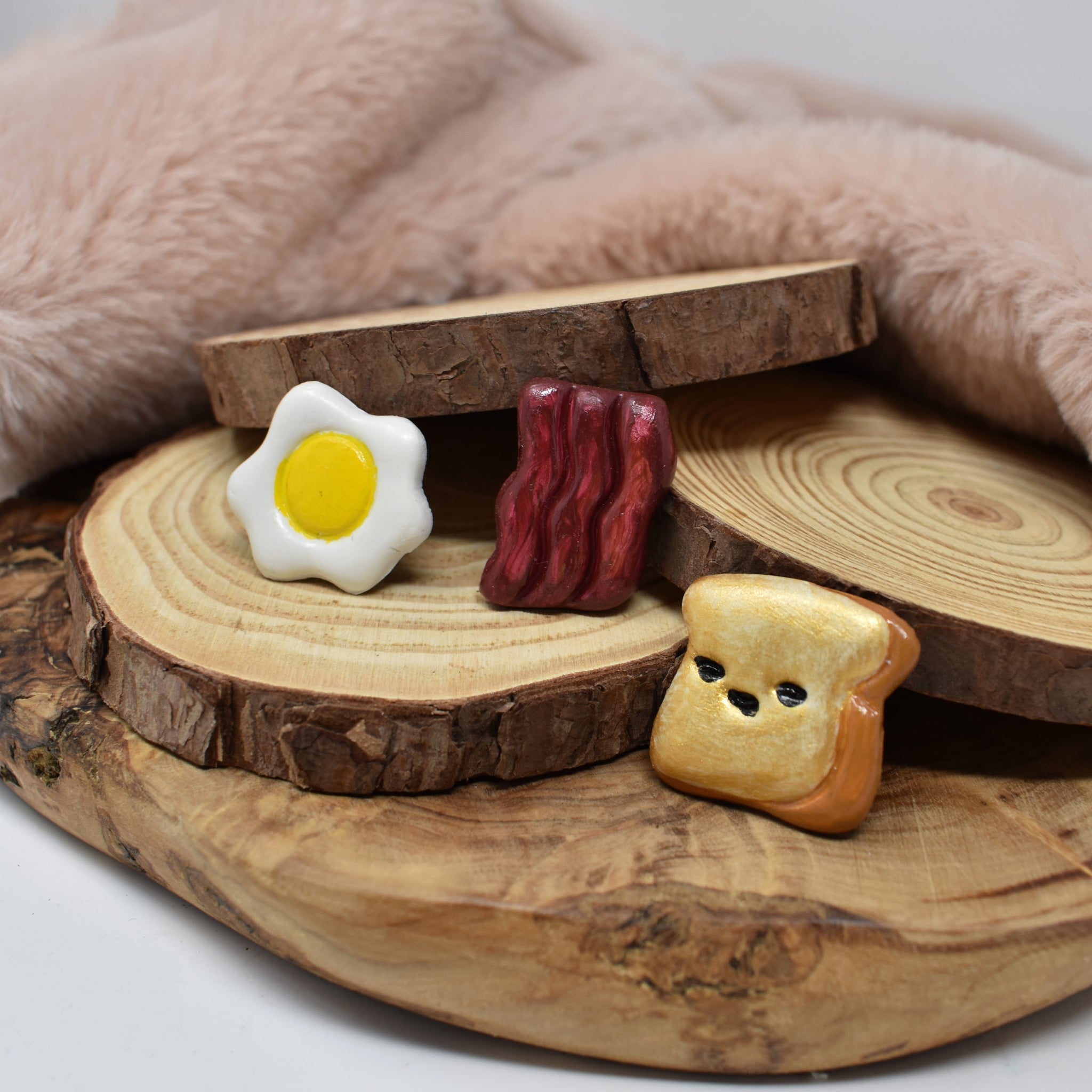 Small Egg, Bacon, French Toast Polymer Clay Magnets. Breakfast Set of 3.