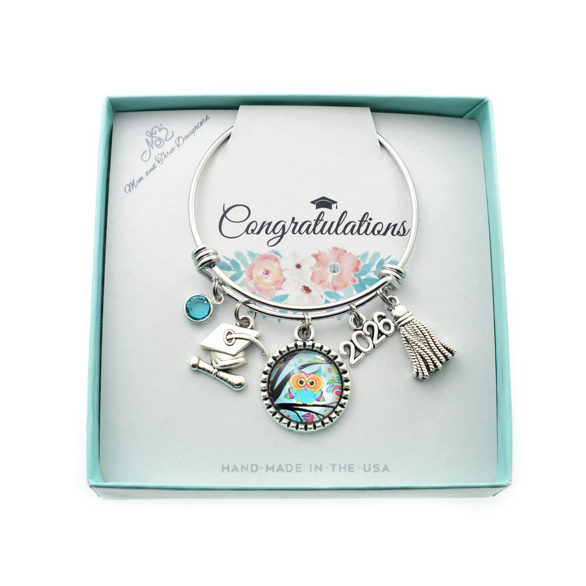 Kindergarten Graduation Bangle Bracelet Stainless Steel. Personalized with Crystal Birthstone