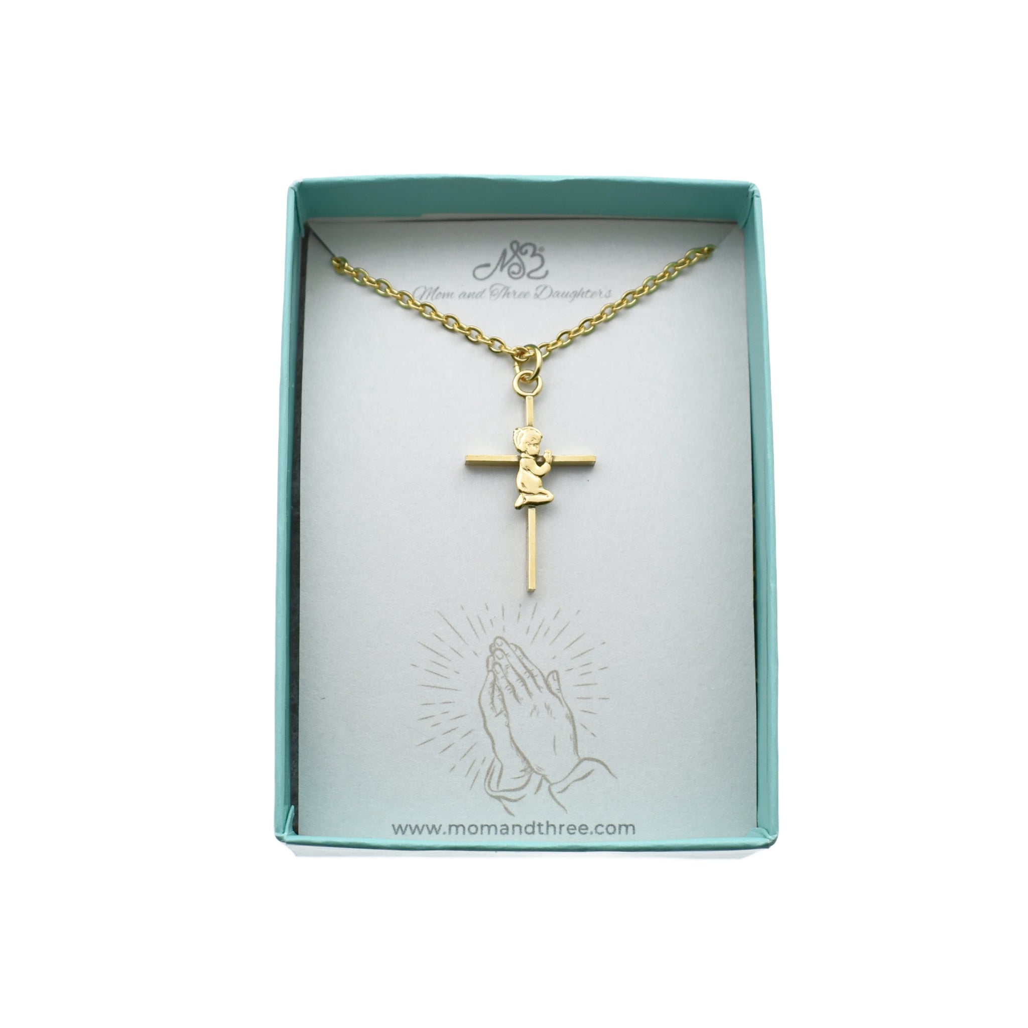 Praying Boy Gold Filled Cross Necklace on a Gold Stainless Steel Cable Chain. Baptism Jewelry. First Communion Gift.