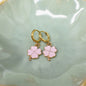 Blue or Pink Enamel Four Leaf Clovers suspended from Hoop Huggies. St. Patrick's Day Gifts. Lucky Gift. Clover Earrings. Shamrock Earrings.