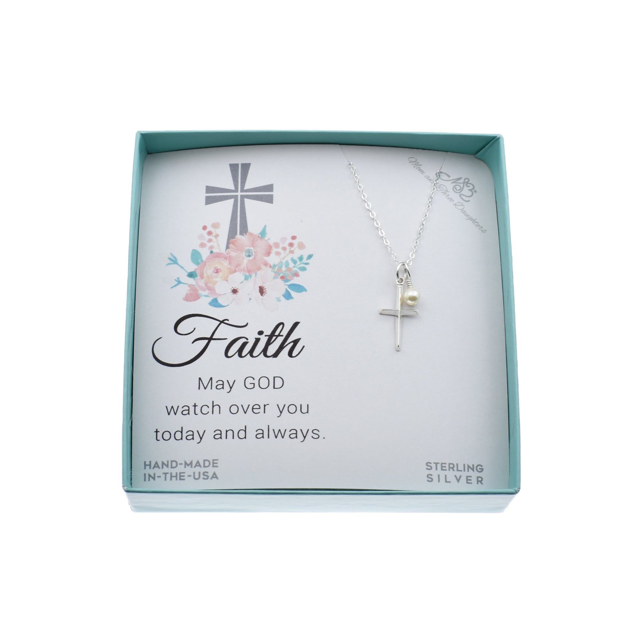 Cross and Crystal Pearl Necklace in Sterling Silver
