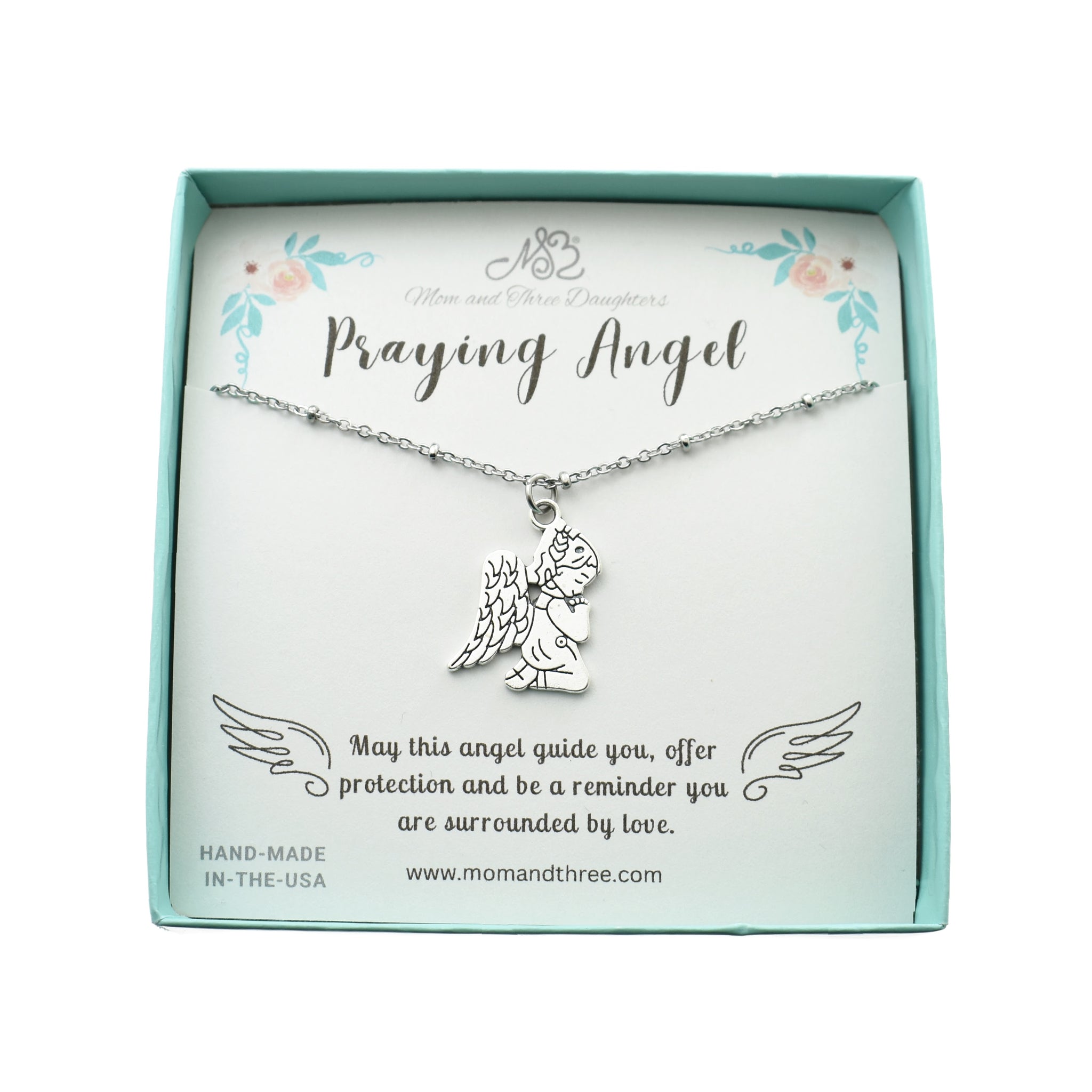 Praying Angel Necklace in Silver Tone Metal. Satellite Chain.