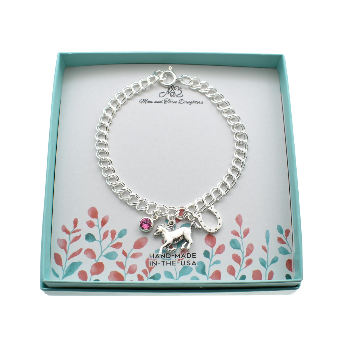 Horse Charm Bracelet in Sterling Silver and Accented by a Horseshoe and a Crystal Birthstone