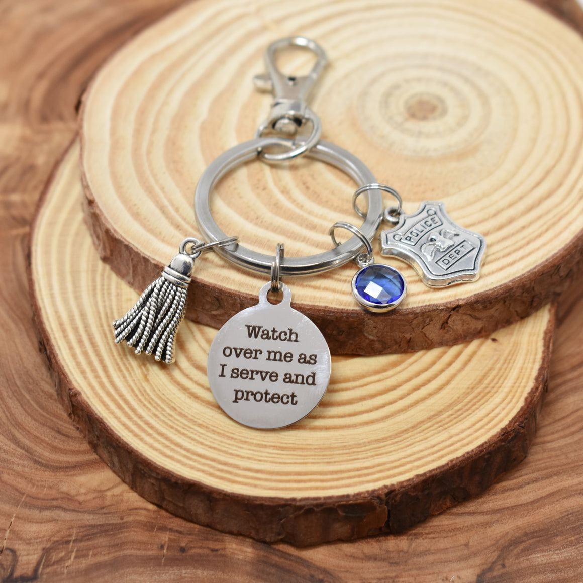 Police academy Graduation Keychain in Silver Stainless Steel. Police Academy Graduation Gifts for Men or Women. Police Gifts.