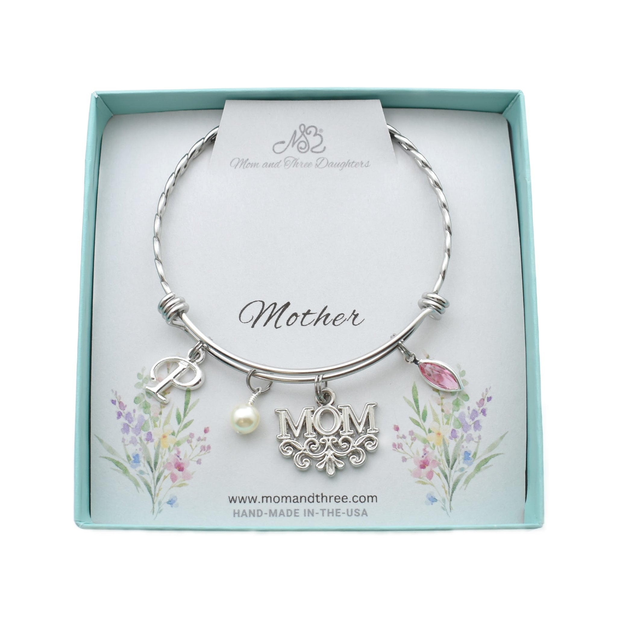 Personalized Mom Bangle Bracelet with Initial Charm and Crystal Birthstone. Stainless Steel Bangle Bracelet. Mother's Day Gift. Gift for Mom