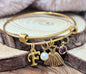 Ballerina Bracelet in Antique Gold with Personalized Initial and Birthstone with Pearl. Stainless Steel Bangle.