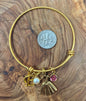 Ballerina Bracelet in Antique Gold with Personalized Initial and Birthstone with Pearl. Stainless Steel Bangle.