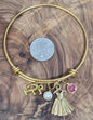 Ballerina Bracelet in Antique Gold with Personalized Initial and Birthstone with Pearl. Stainless Steel Bangle.