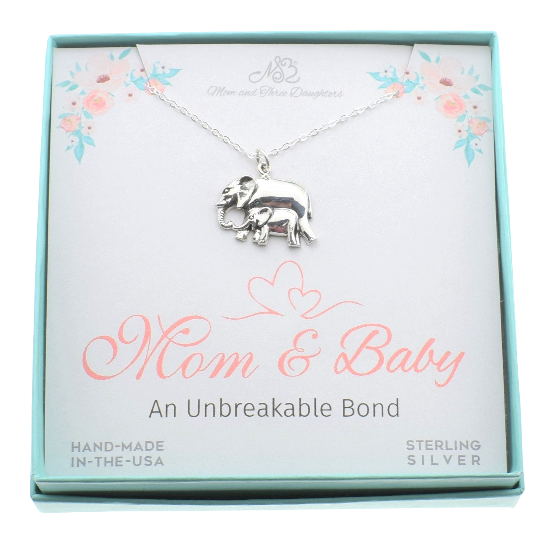 Mom and Baby Elephant Necklace in Sterling Silver